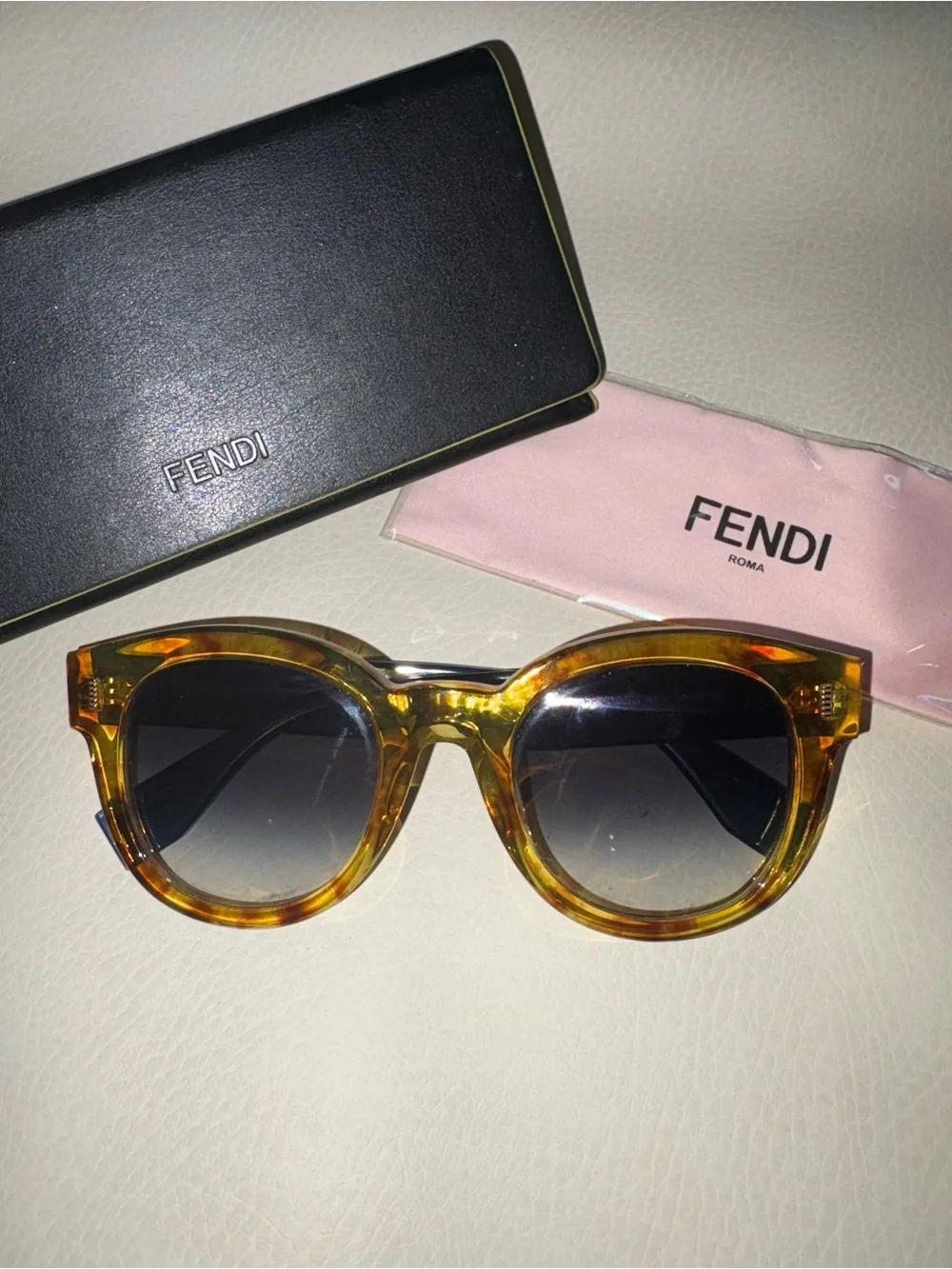 Fendi Womens Tortoiseshell Amber Frame Sunglasses with Gradient Blue Lenses